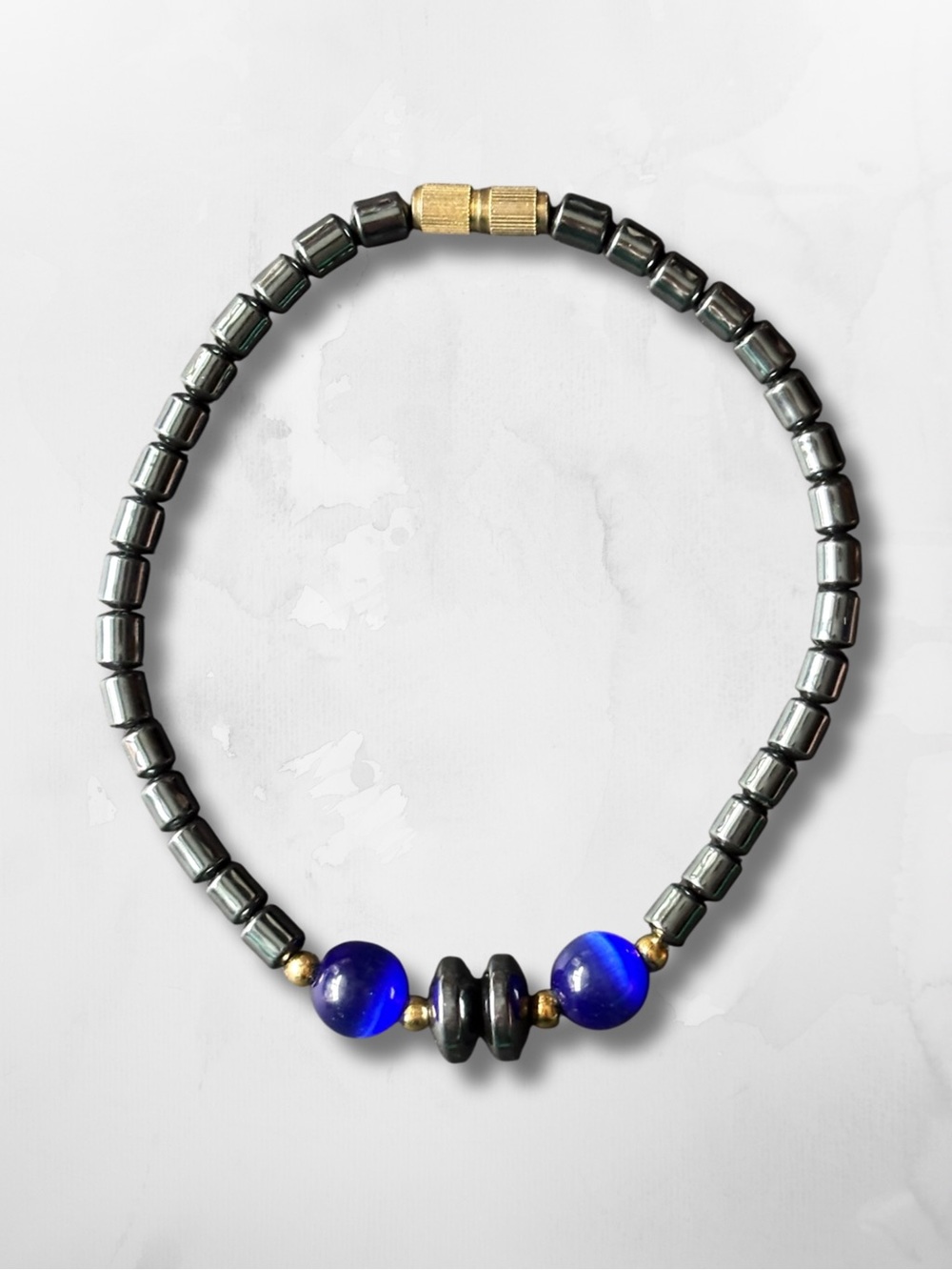 Vintage Hematite Bead Bracelet | Blue Cat Eye Accent Beads